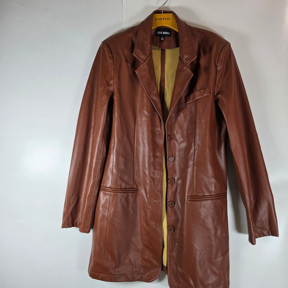 Steve Madden Brown‎ Faux Leather Blazer Longline Jacket BN32128F Womens Large